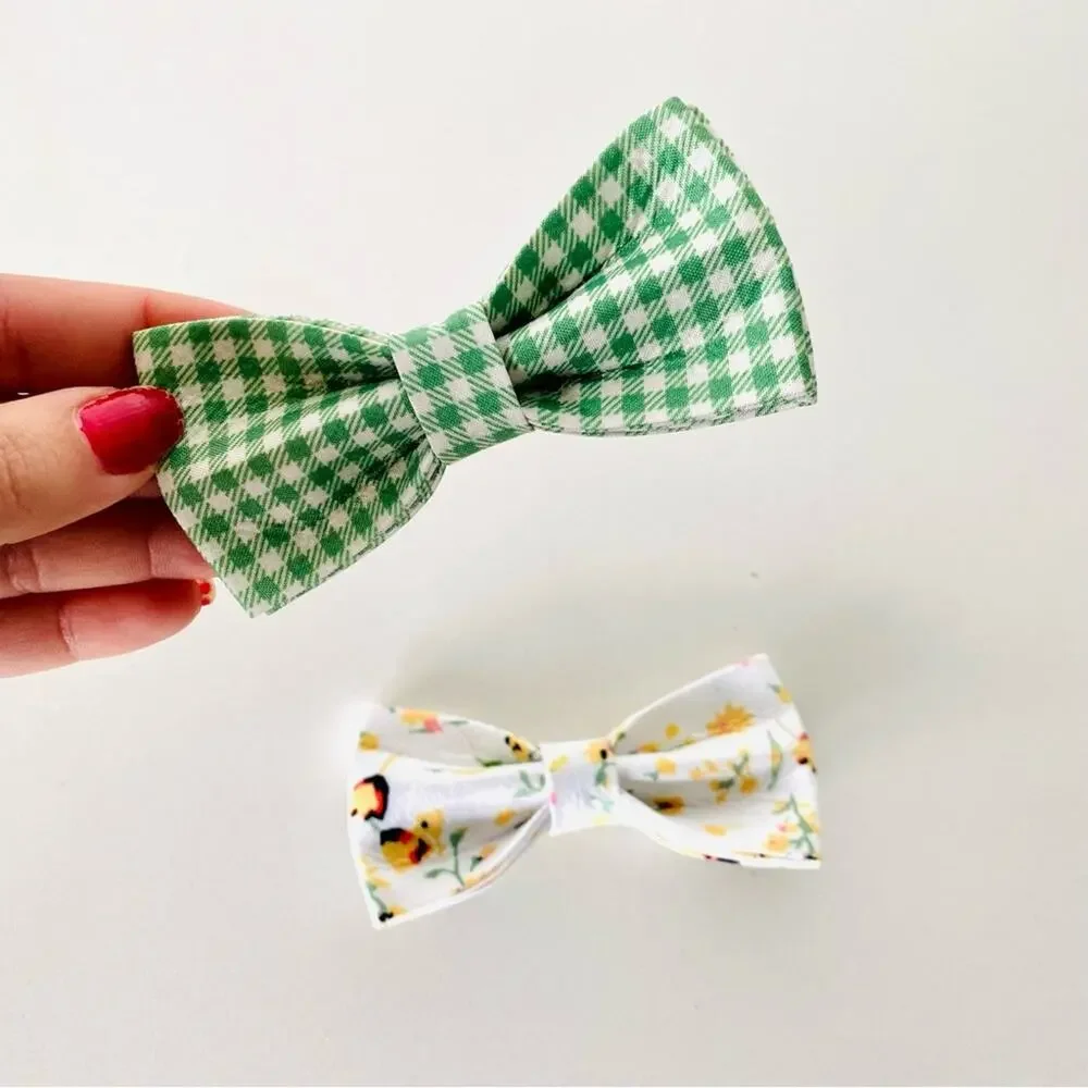 NEW HANDMADE Green White Plaid Yellow Floral Dog Cat Pet Collar Elastic Bow Tie
